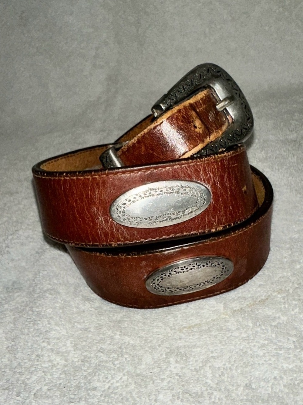 Vintage Brighton Brown Leather Concho Belt 34 Silver Western Boho Style 39137